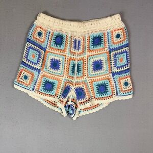 Crochet Granny Square Shorts Multicolor Boho SzM 70's Festival Rave HippieIndie